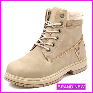 Waterproof Leather Hiking Combat Boots Lace Up Ankle Booties Low Heel